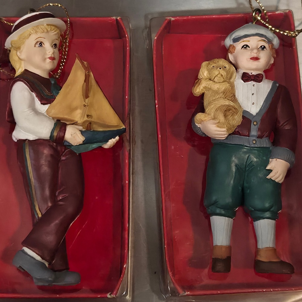Vintage 1991 Kurt S Adler Boy Ornaments Set Sailboat & Dog Handcrafted 2pc 4.5"